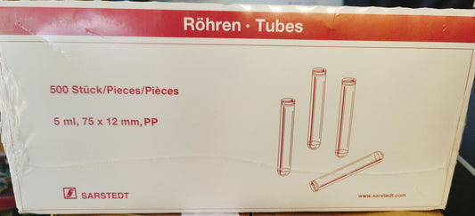 Sarstedt 12x75mm Tubes, 5mL, Round Bottom, Polypropylene, 1000 Tubes