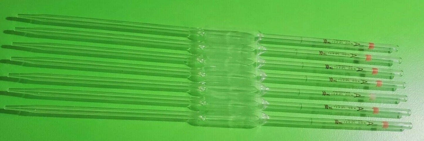 Qty. 7 FisherBrand Reusable Glass  Volumetric Pipettes 10mL ±0.02 Bulb  #136502L